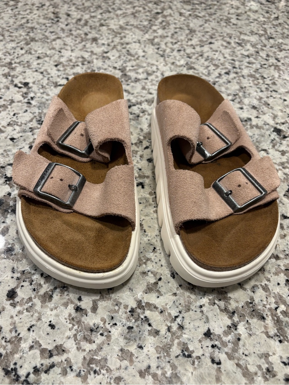 Papillio by Birkenstock Arizona Chunky Suede Platform Slides Sand size 37 Narrow - Picture 6 of 11